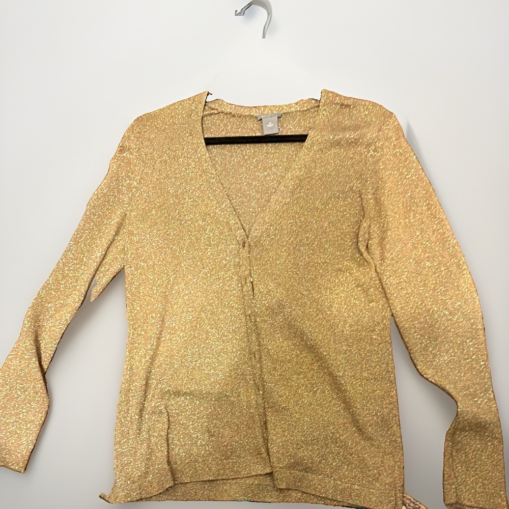Ann Taylor Women's Gold Solid Knit V-Neck Button Front Cardigan Sweater M